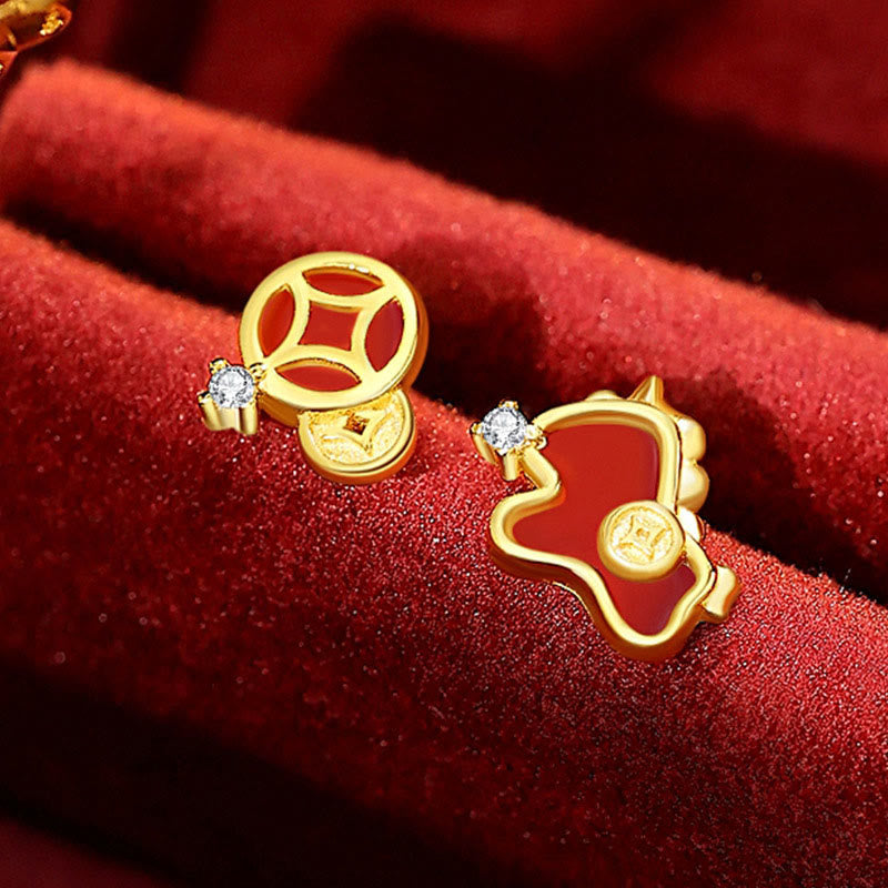Buddha Stones 925 Sterling Silver Coin Red Agate Year Of The Horse Asymmetric Protection Earrings - Golden Horse Earrings - image 6