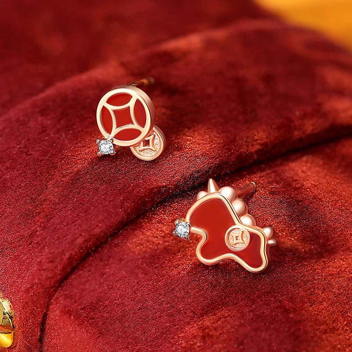 Buddha Stones 925 Sterling Silver Coin Red Agate Year Of The Horse Asymmetric Protection Earrings - Horse Earrings - image 0