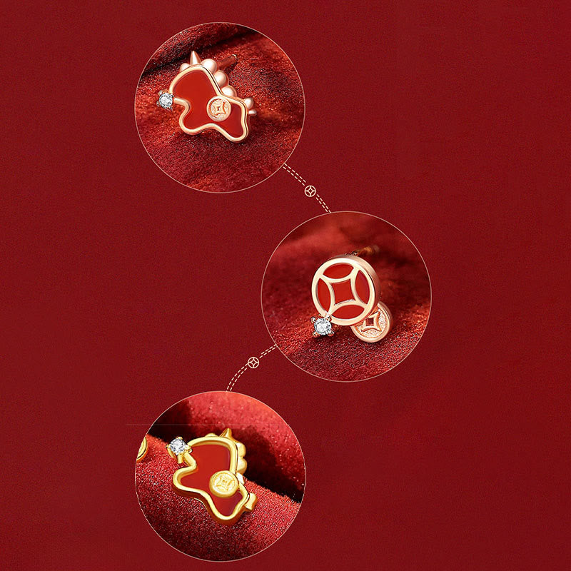 Buddha Stones 925 Sterling Silver Coin Red Agate Year Of The Horse Asymmetric Protection Earrings - image 8