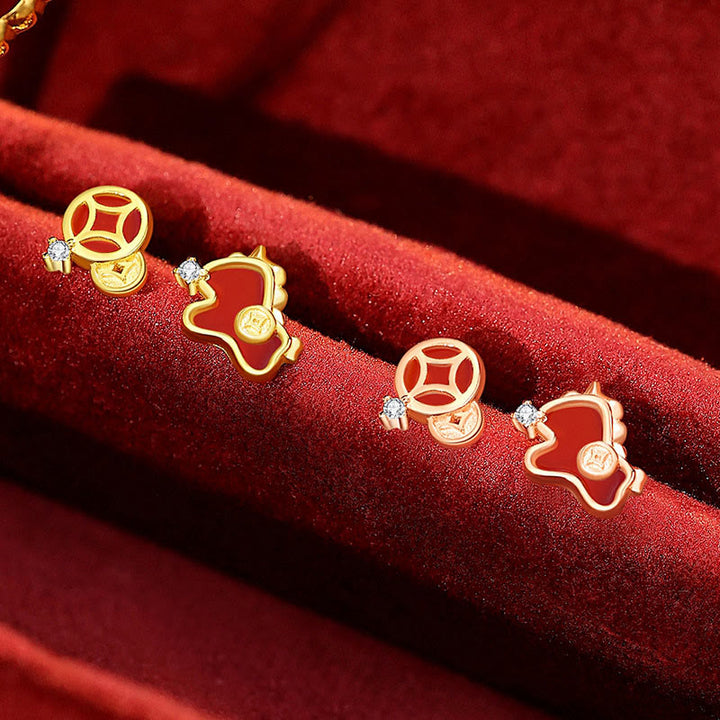 Buddha Stones 925 Sterling Silver Coin Red Agate Year Of The Horse Asymmetric Protection Earrings - image 7