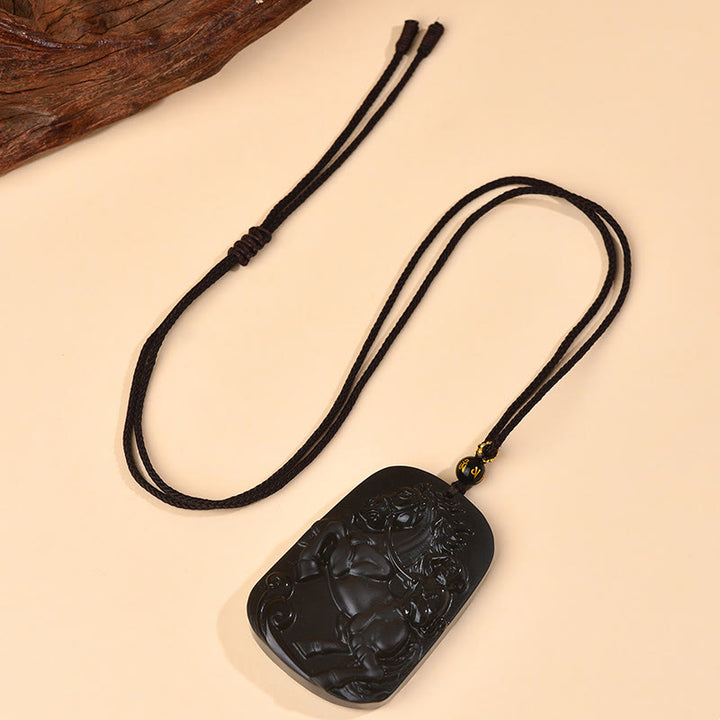 Buddha Stones Year of the Horse Natural Black Obsidian Strength Necklace Pendant - image 3
