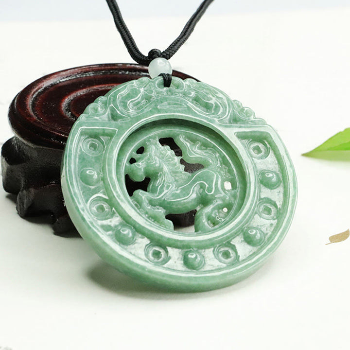 Buddha Stones Year of the Horse Round Jade Luck Rope Necklace Pendant - image 3