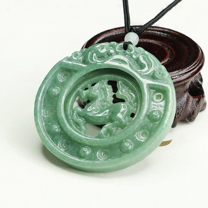 Buddha Stones Year of the Horse Round Jade Luck Rope Necklace Pendant - image 5