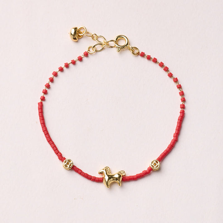 Buddha Stones 925 Sterling Silver Plated Gold Year of the Horse Red Liuli Glass Prosperity Bracelet - Horse Bracelet - image 1