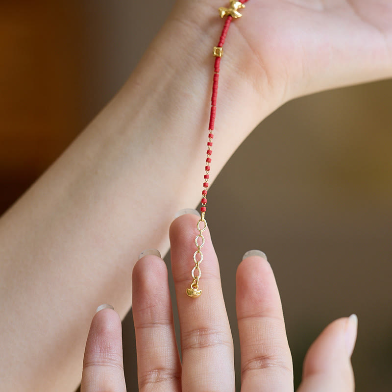 Buddha Stones 925 Sterling Silver Plated Gold Year of the Horse Red Liuli Glass Prosperity Bracelet - image 4