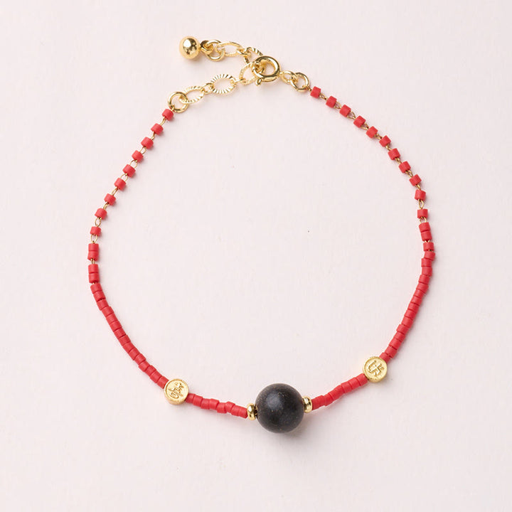 Buddha Stones 925 Sterling Silver Plated Gold Year of the Horse Red Liuli Glass Buddha Prosperity Bracelet - Black Bead Bracelet - image 17