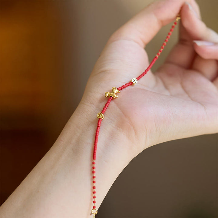Buddha Stones 925 Sterling Silver Plated Gold Year of the Horse Red Liuli Glass Prosperity Bracelet - image 3
