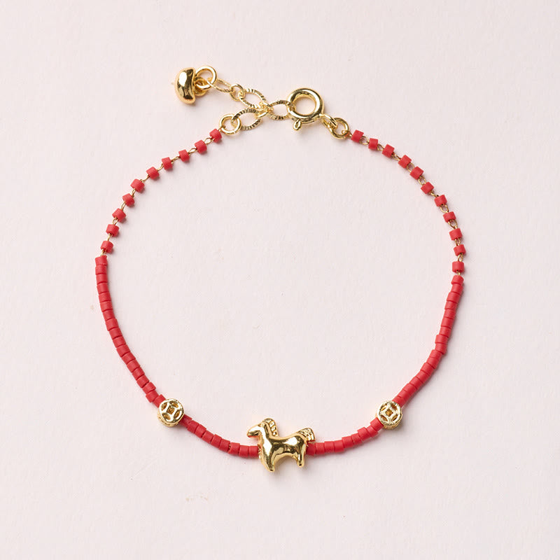 Buddha Stones 925 Sterling Silver Plated Gold Year of the Horse Red Liuli Glass Prosperity Bracelet - Horse Bracelet - image 1