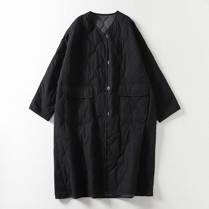 Buddha Stones Plain Buttons V-Neck Long Sleeve Women's Cotton Coat With Pockets - Black - US14，UK/AU18，EU46 (2XL) - image 5