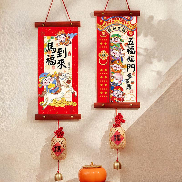 Buddha Stones Year of the Horse Chinese New Year Spring Festival Good Fortune Hanging Decoration - Five Blessings Arrive Home Fu Charm Style 15*60 cm - image 13