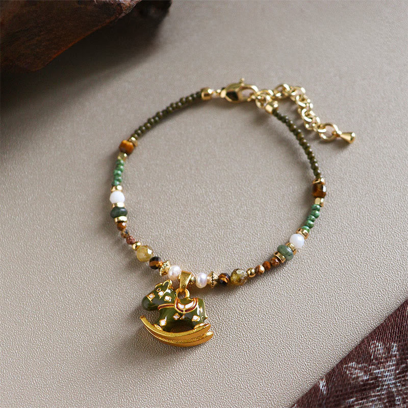 Buddha Stones Year Of The Horse Oil Dripping Copper Various Beeds Grace Bracelet - Green Horse(Wrist Circumference:13-16cm) - image 0