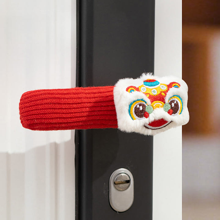 Buddha Stones Year of the Horse Dancing Lion Fu Character Door Handle Blessing Decoration - 2-Piece Dancing Lion & Gourd 16*30cm - image 1