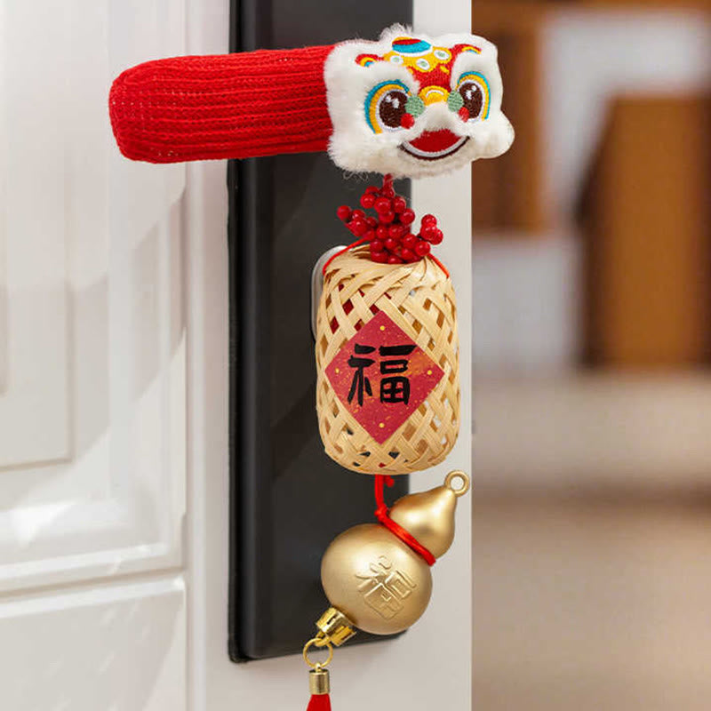 Buddha Stones Year of the Horse Dancing Lion Fu Character Door Handle Blessing Decoration - 2-Piece Dancing Lion & Gourd 16*20cm - image 4