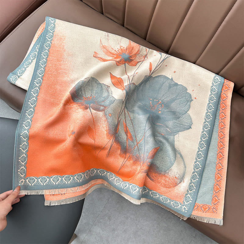 Buddha Stones Winter Ink Painting Lotus Flowers Leaves Pattern Soft Scarf Shawl - image 1