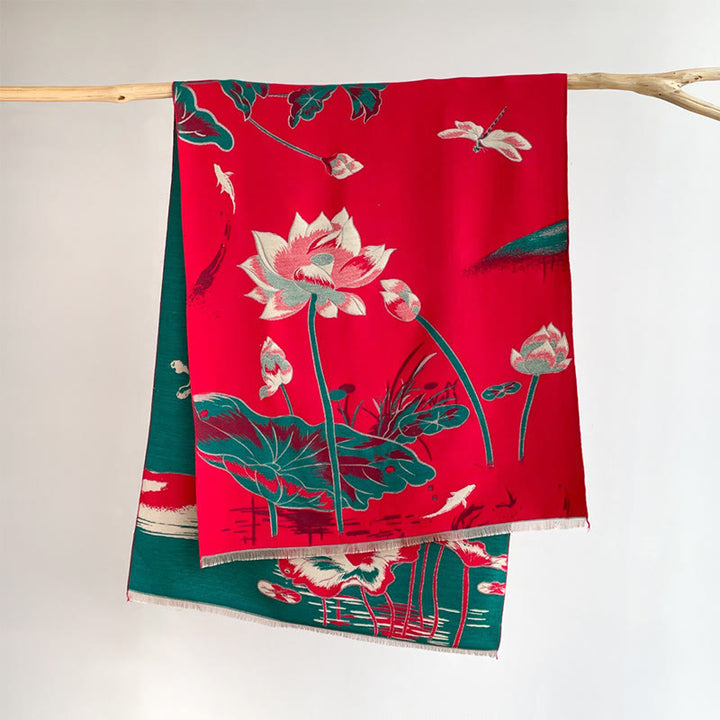 Buddha Stones Fall Lotus Koi Fish Dragonfly Pattern Cozy Scarf Shawl - Red - 180*65 cm - image 3