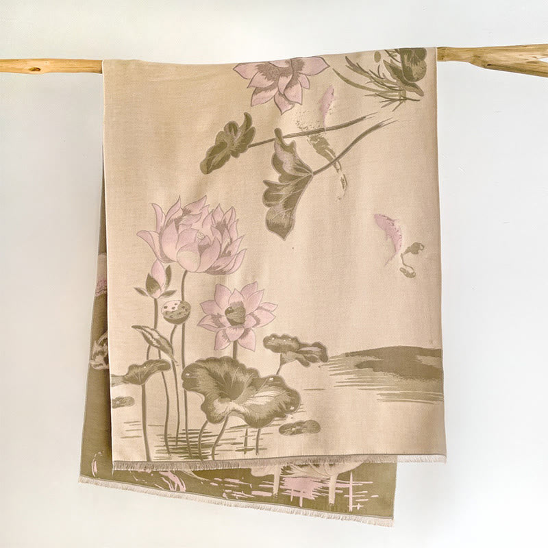 Buddha Stones Fall Lotus Koi Fish Dragonfly Pattern Cozy Scarf Shawl - AntiqueWhite - 180*65 cm - image 12