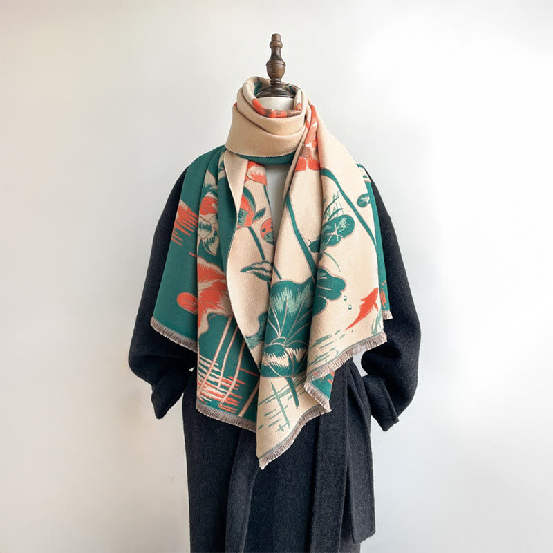 Buddha Stones Fall Lotus Koi Fish Dragonfly Pattern Cozy Scarf Shawl - Teal - 180*65 cm - image 0