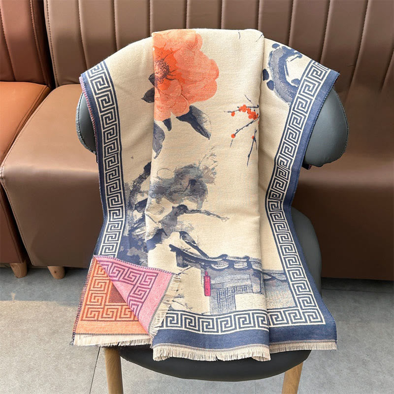 Buddha Stones Fall Plum Blossom Eaves Ink Painting Pattern Cozy Scarf Shawl - image 11