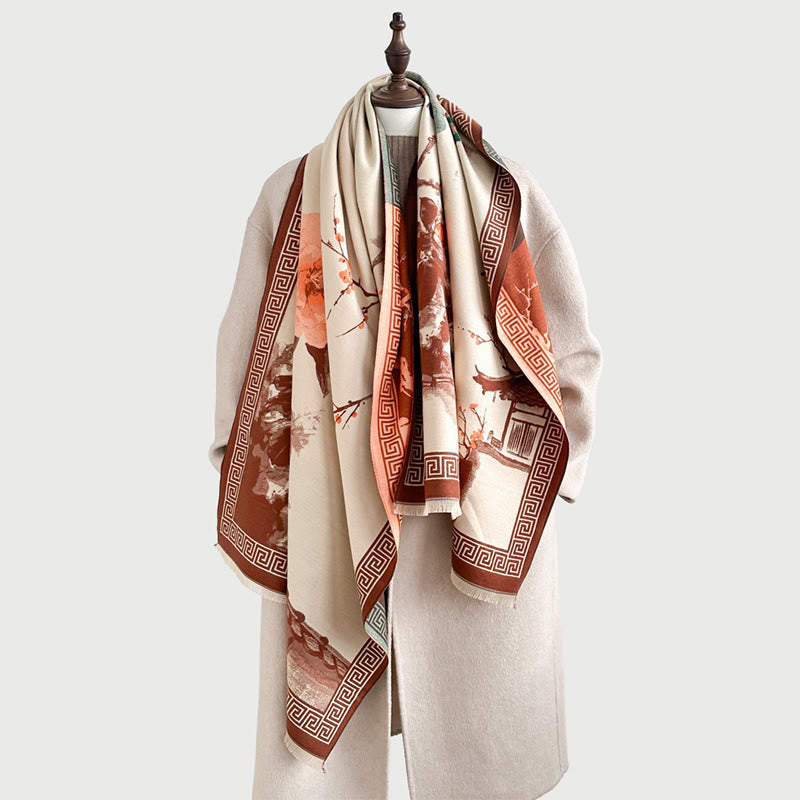 Buddha Stones Fall Plum Blossom Eaves Ink Painting Pattern Cozy Scarf Shawl - image 3