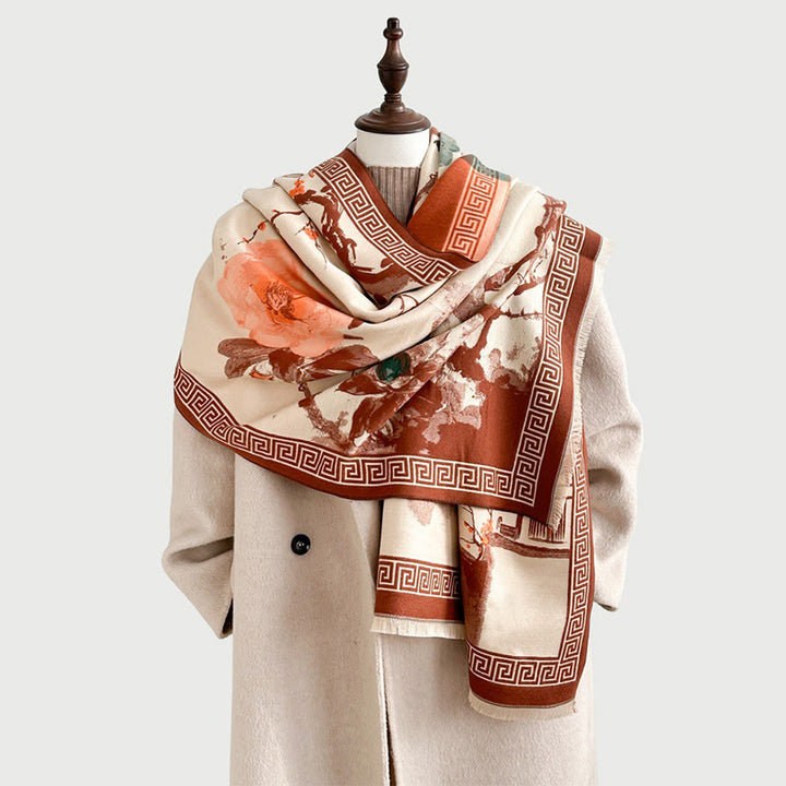 Buddha Stones Fall Plum Blossom Eaves Ink Painting Pattern Cozy Scarf Shawl - Chocolate - 180*65 cm - image 0