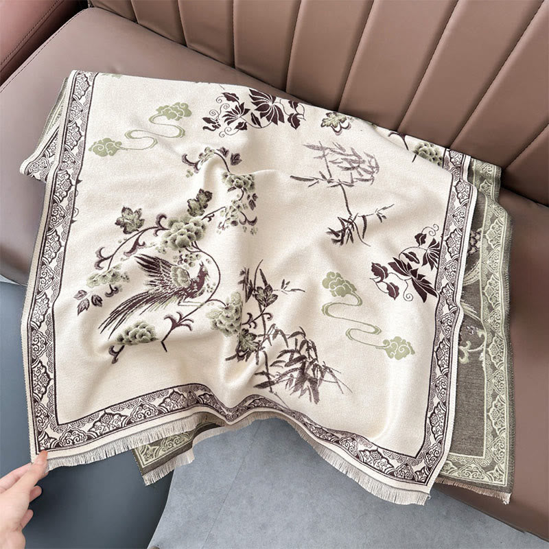 Buddha Stones Winter Birds Bamboo Leaves Vines Pattern Soft Scarf Shawl - DarkKhaki - 180*65cm - image 12