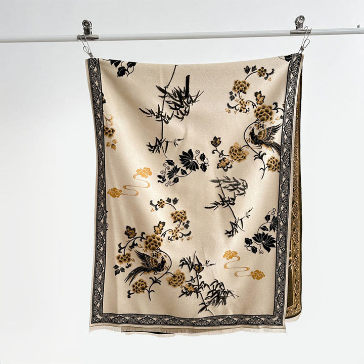 Buddha Stones Winter Birds Bamboo Leaves Vines Pattern Soft Scarf Shawl - image 9