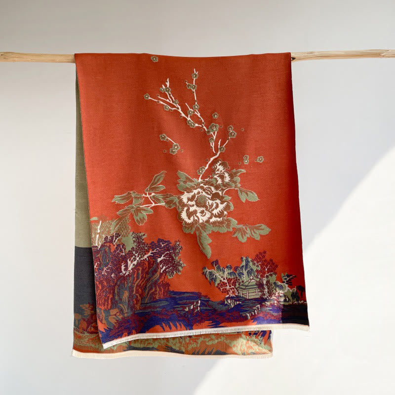 Buddha Stones Fall Flowers Trees Pavilion Pattern Cozy Scarf Shawl - Coral - 180*65cm - image 6