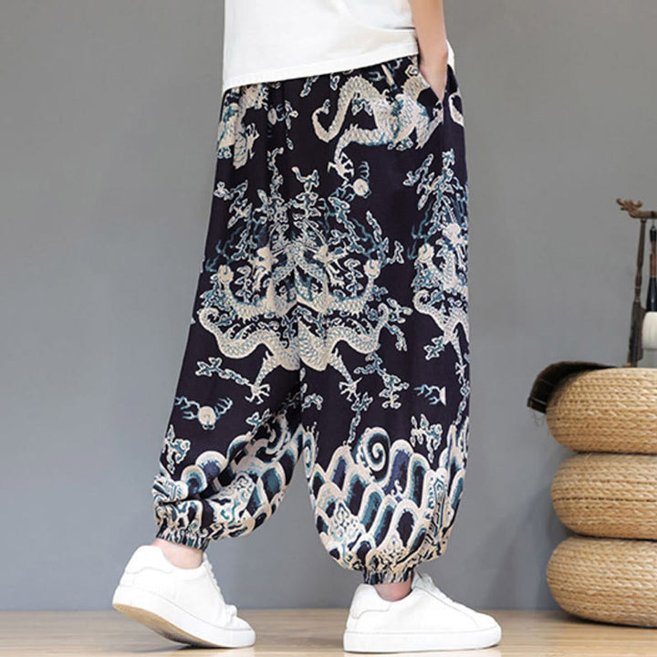 Buddha Stones Summer Dragon Drawstring Design Cotton Linen Men's Harem Pants With Pockets - image 14