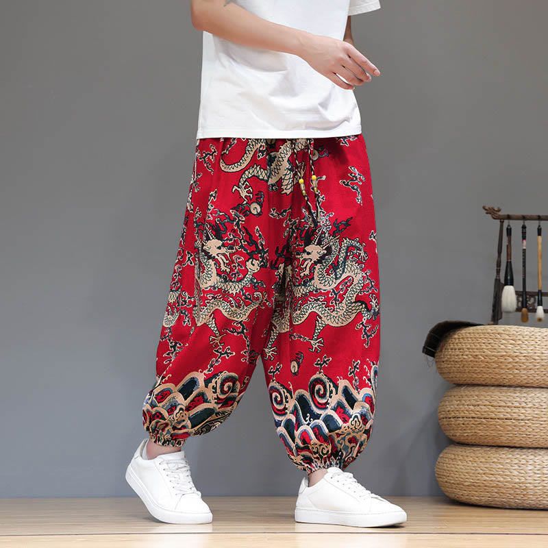 Buddha Stones Summer Dragon Drawstring Design Cotton Linen Men's Harem Pants With Pockets - image 7