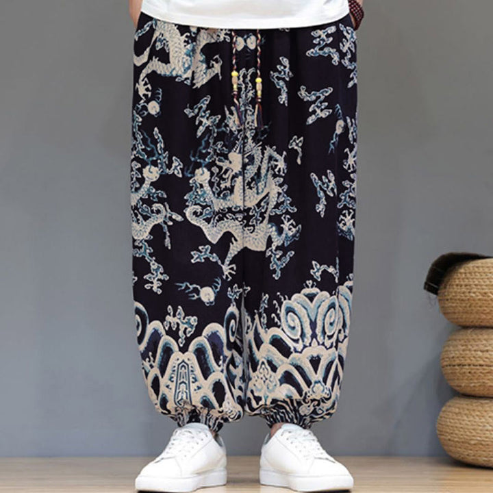 Buddha Stones Summer Dragon Drawstring Design Cotton Linen Men's Harem Pants With Pockets - image 12