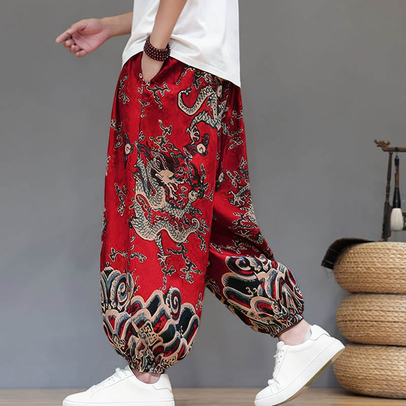 Buddha Stones Summer Dragon Drawstring Design Cotton Linen Men's Harem Pants With Pockets - image 3