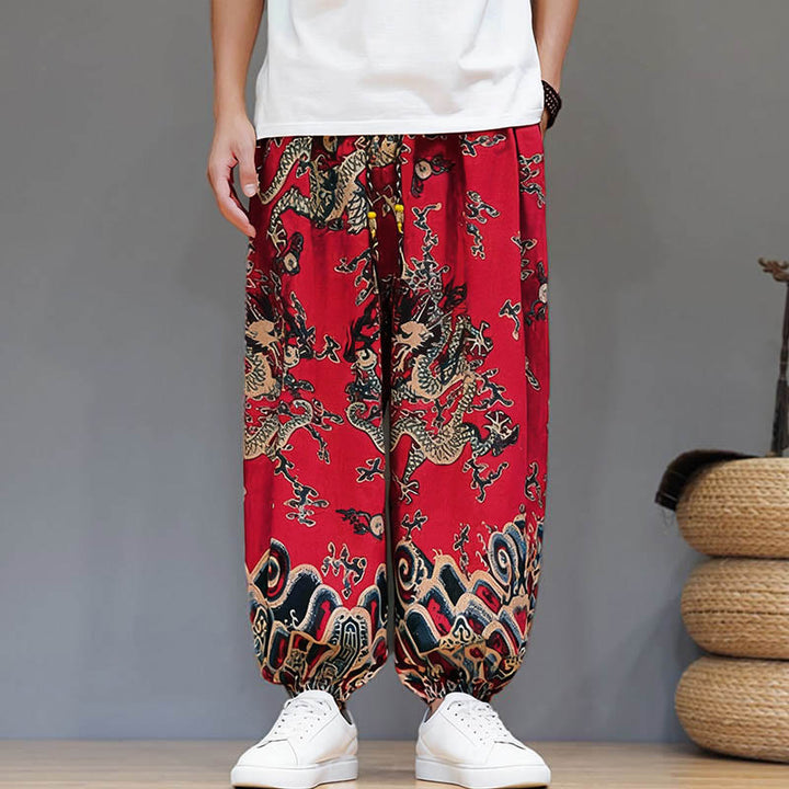 Buddha Stones Summer Dragon Drawstring Design Cotton Linen Men's Harem Pants With Pockets - image 8