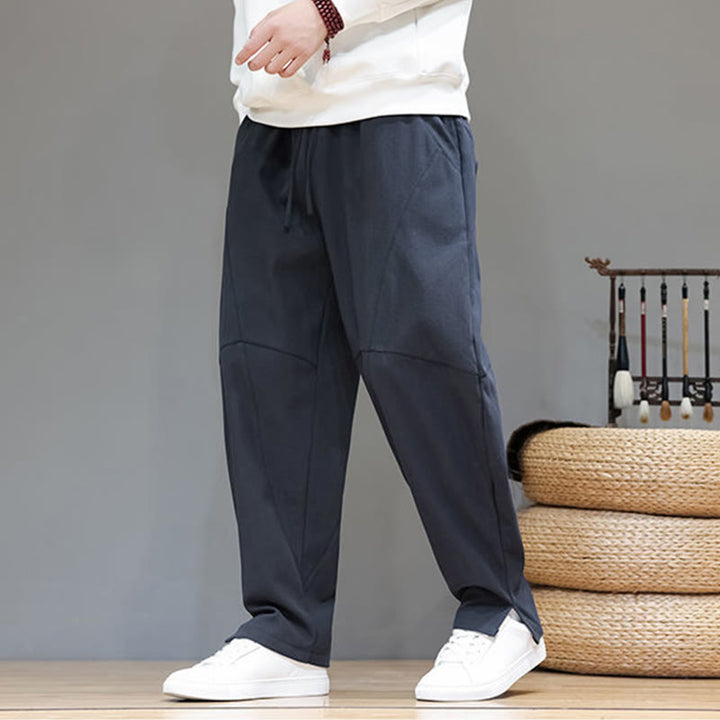 Buddha Stones Winter Solid Color Fleece-lined Men's Cotton Linen Pants With Pockets - image 3