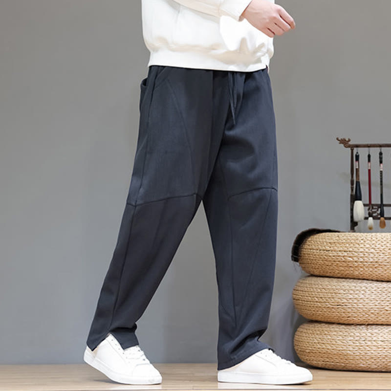 Buddha Stones Winter Solid Color Fleece-lined Men's Cotton Linen Pants With Pockets - image 6