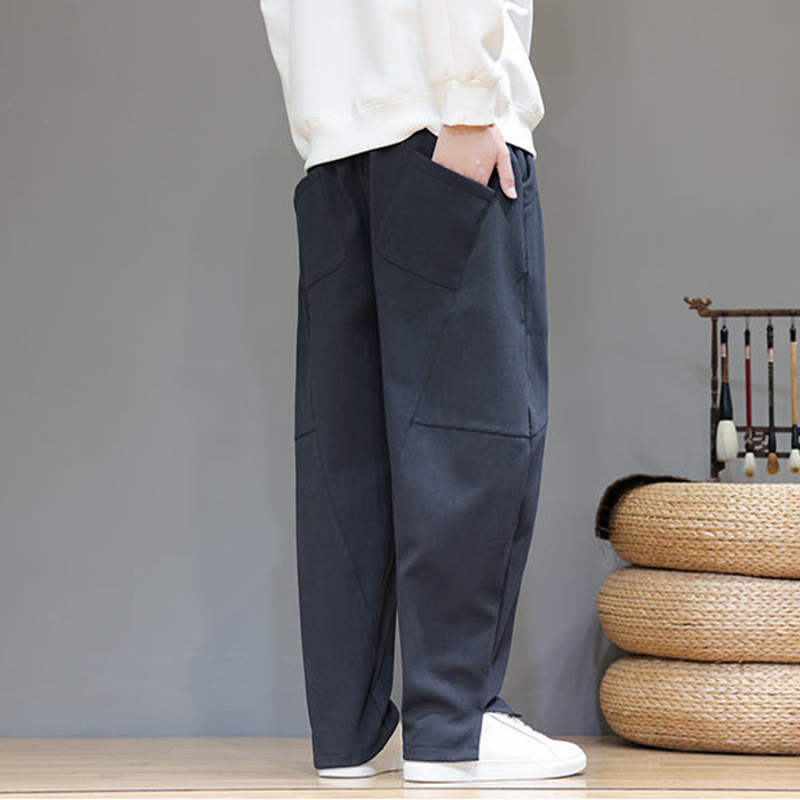 Buddha Stones Winter Solid Color Fleece-lined Men's Cotton Linen Pants With Pockets - image 4