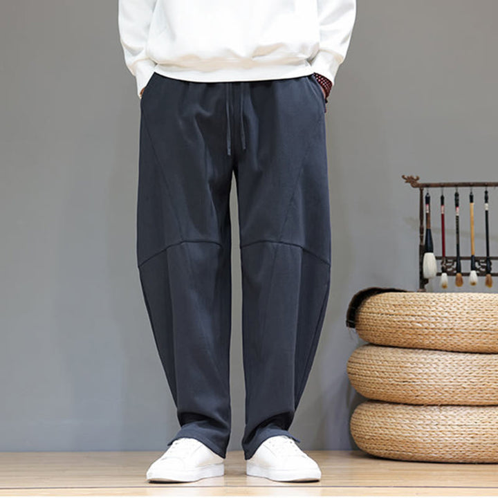 Buddha Stones Winter Solid Color Fleece-lined Men's Cotton Linen Pants With Pockets - image 10