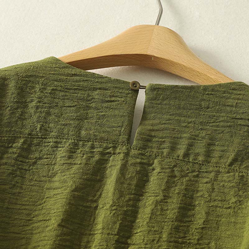 Buddha Stones Casual Olive Green Crew Neck Women's Cotton Linen Long Sleeve Shirt - image 3