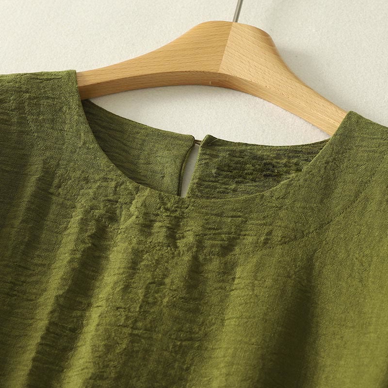 Buddha Stones Casual Olive Green Crew Neck Women's Cotton Linen Long Sleeve Shirt - image 2