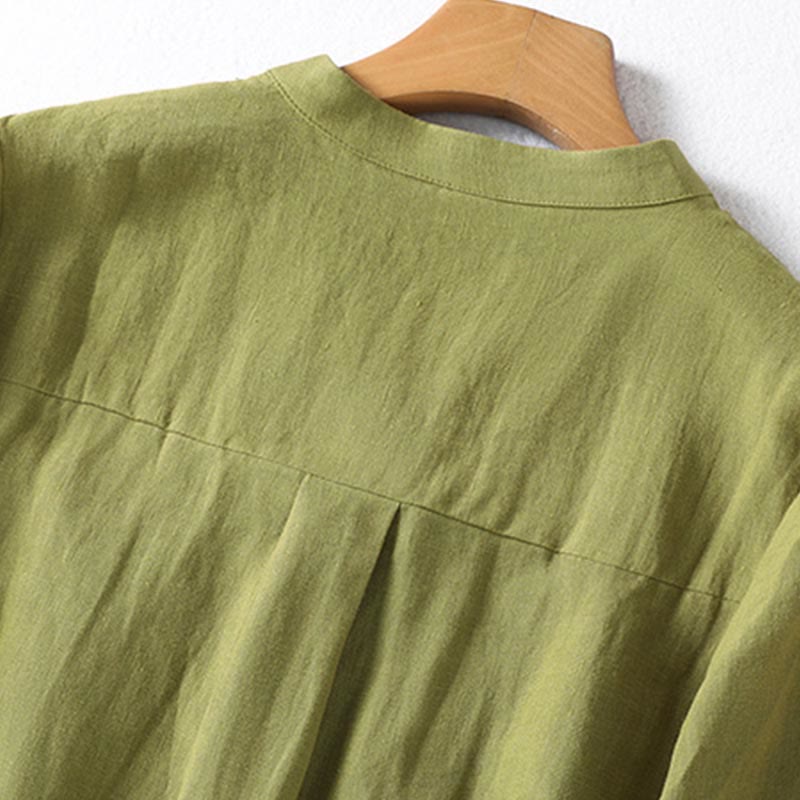 Buddha Stones Spring Dark Khaki Stand Collar Half Buttons Design Women's Long Sleeve Shirt - image 4