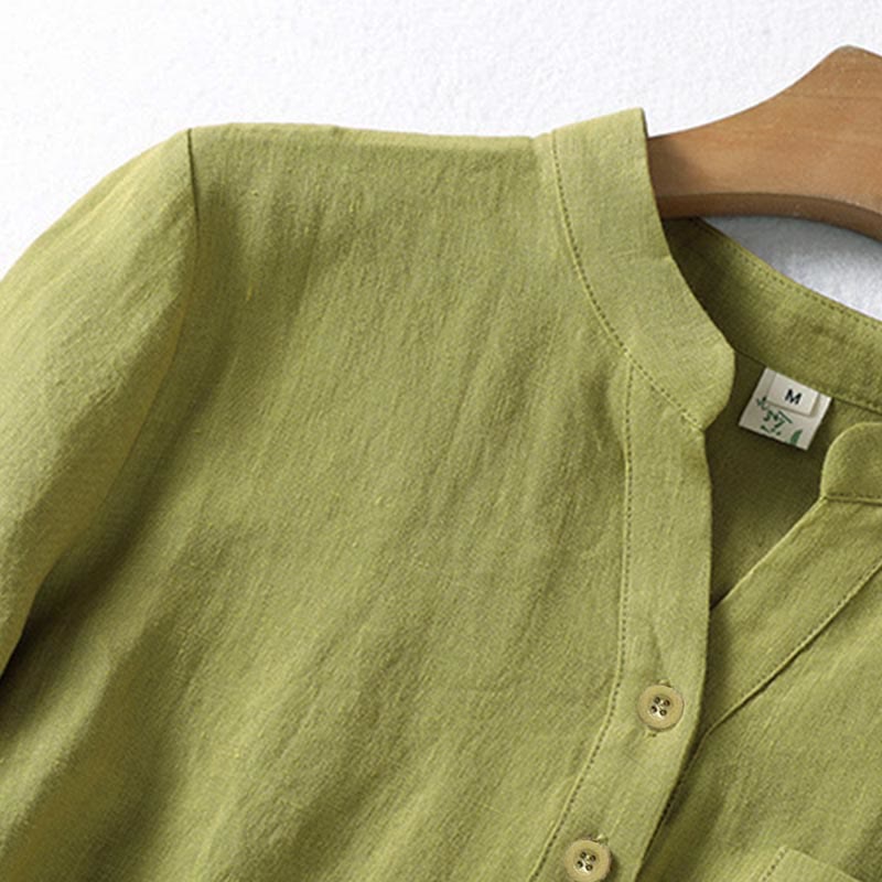 Buddha Stones Spring Dark Khaki Stand Collar Half Buttons Design Women's Long Sleeve Shirt - image 5