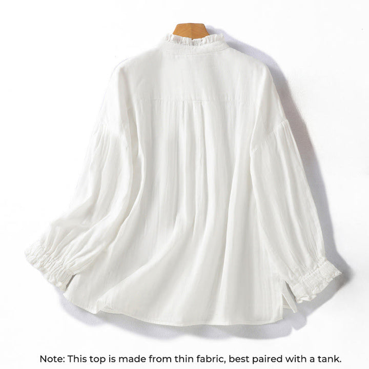 Buddha Stones White Ruffled Collar Long Sleeve Women's Cotton Shirt - image 1