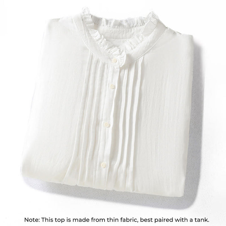 Buddha Stones White Ruffled Collar Long Sleeve Women's Cotton Shirt - image 2