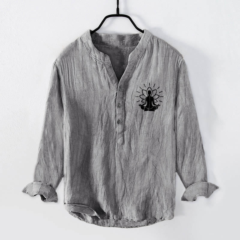 Buddha Stones Meditating Buddha Lotus Pattern Half Buttons Men's Cotton Linen Long Sleeve Shirt - Gray - US/UK/AU50，EU60 (5XL) - image 0
