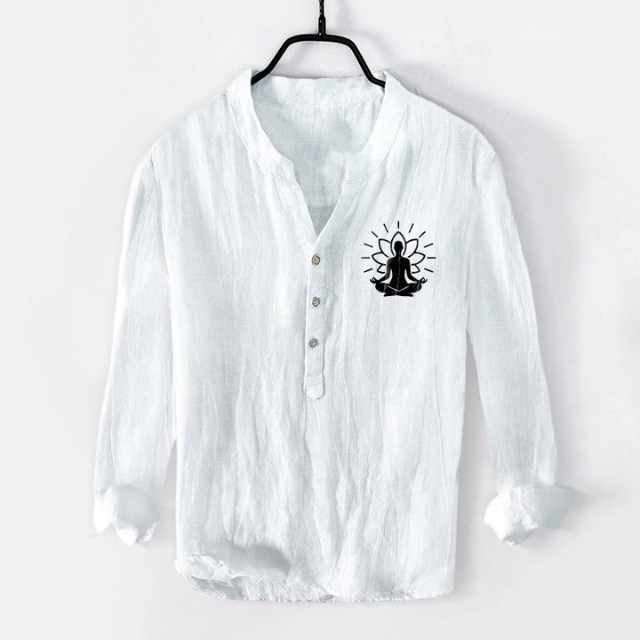 Buddha Stones Meditating Buddha Lotus Pattern Half Buttons Men's Cotton Linen Long Sleeve Shirt - White - US/UK/AU50，EU60 (5XL) - image 6