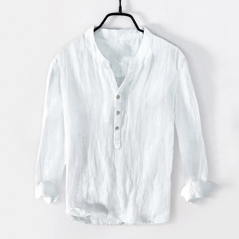 Buddha Stones Peaceful Buddha Leaves Pattern Half Buttons Men's Cotton Linen Long Sleeve Shirt - image 1