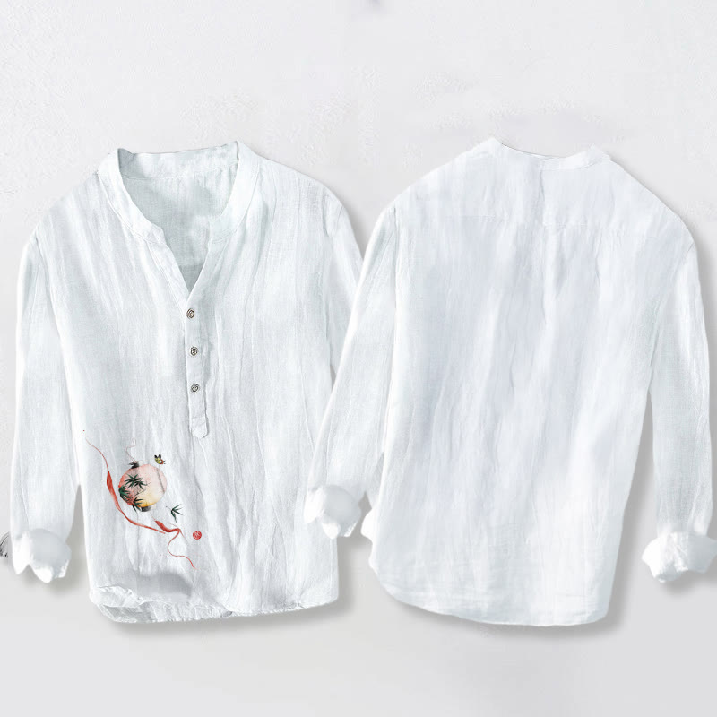 Buddha Stones Butterfly Bamboo Lantern Pattern Half Buttons Men's Cotton Linen Long Sleeve Shirt - image 5