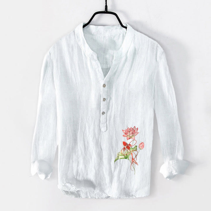 Buddha Stones Swimming Koi Fish Lotus Pattern Half Buttons Men's Cotton Linen Long Sleeve Shirt - White - US/UK/AU50，EU60 (5XL) - image 0