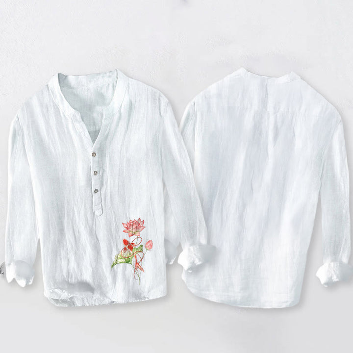 Buddha Stones Swimming Koi Fish Lotus Pattern Half Buttons Men's Cotton Linen Long Sleeve Shirt - image 2