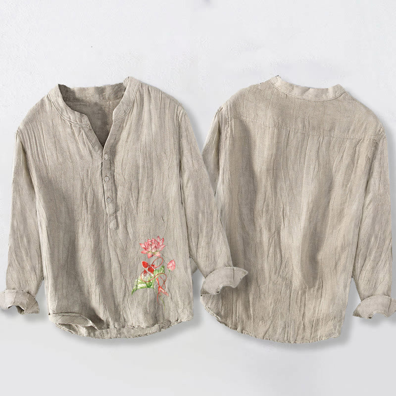 Buddha Stones Swimming Koi Fish Lotus Pattern Half Buttons Men's Cotton Linen Long Sleeve Shirt - image 5