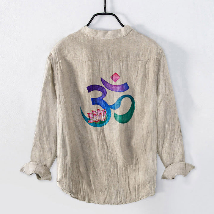 Buddha Stones Lotus OM Symbol Pattern Half Buttons Men's Cotton Linen Long Sleeve Shirt - image 5